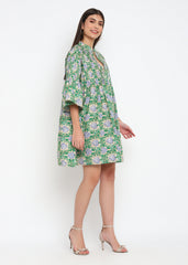 Pleated Green Print Short Dress