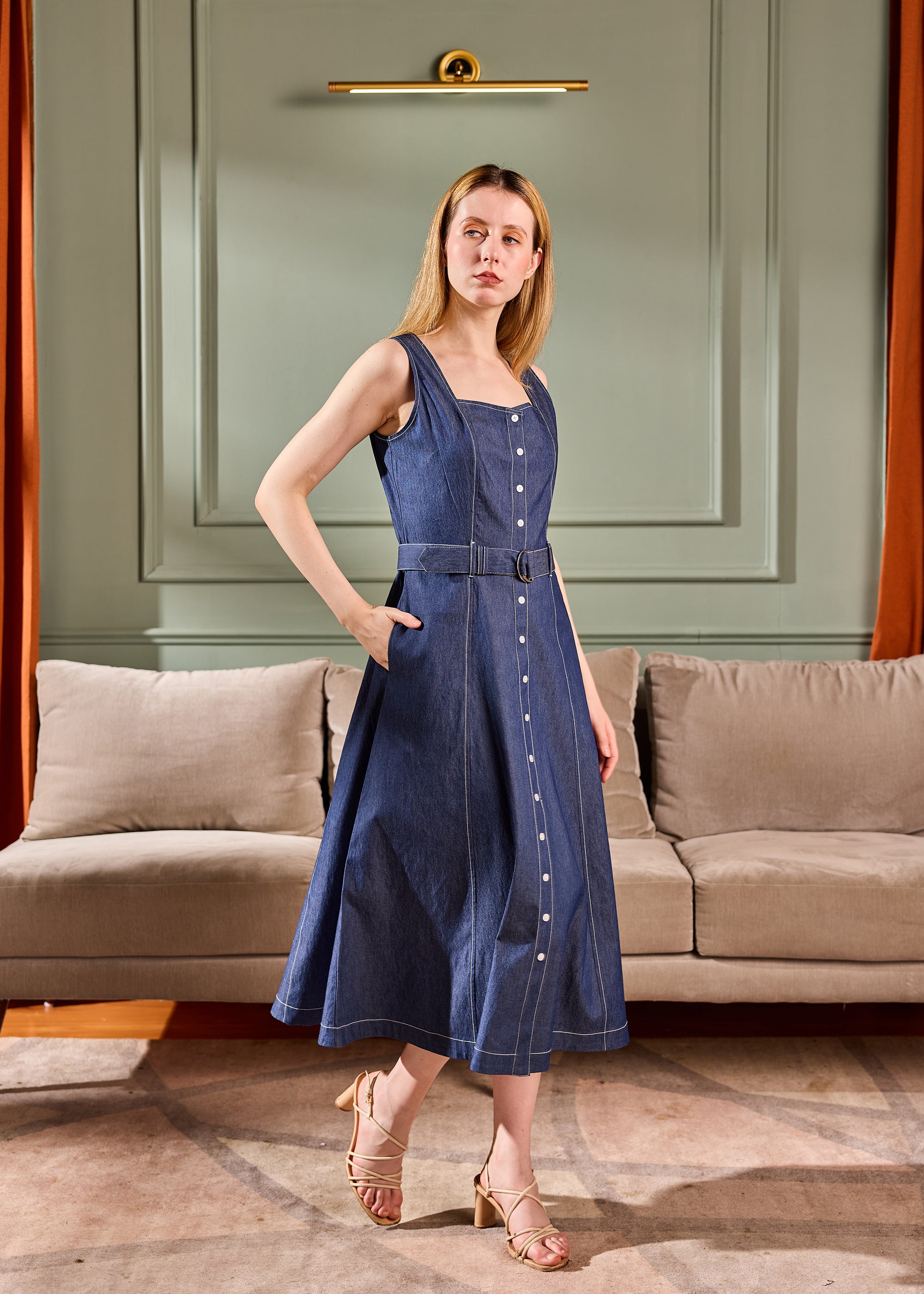 Denim Dress with Belt and Pockets – Shopbloom