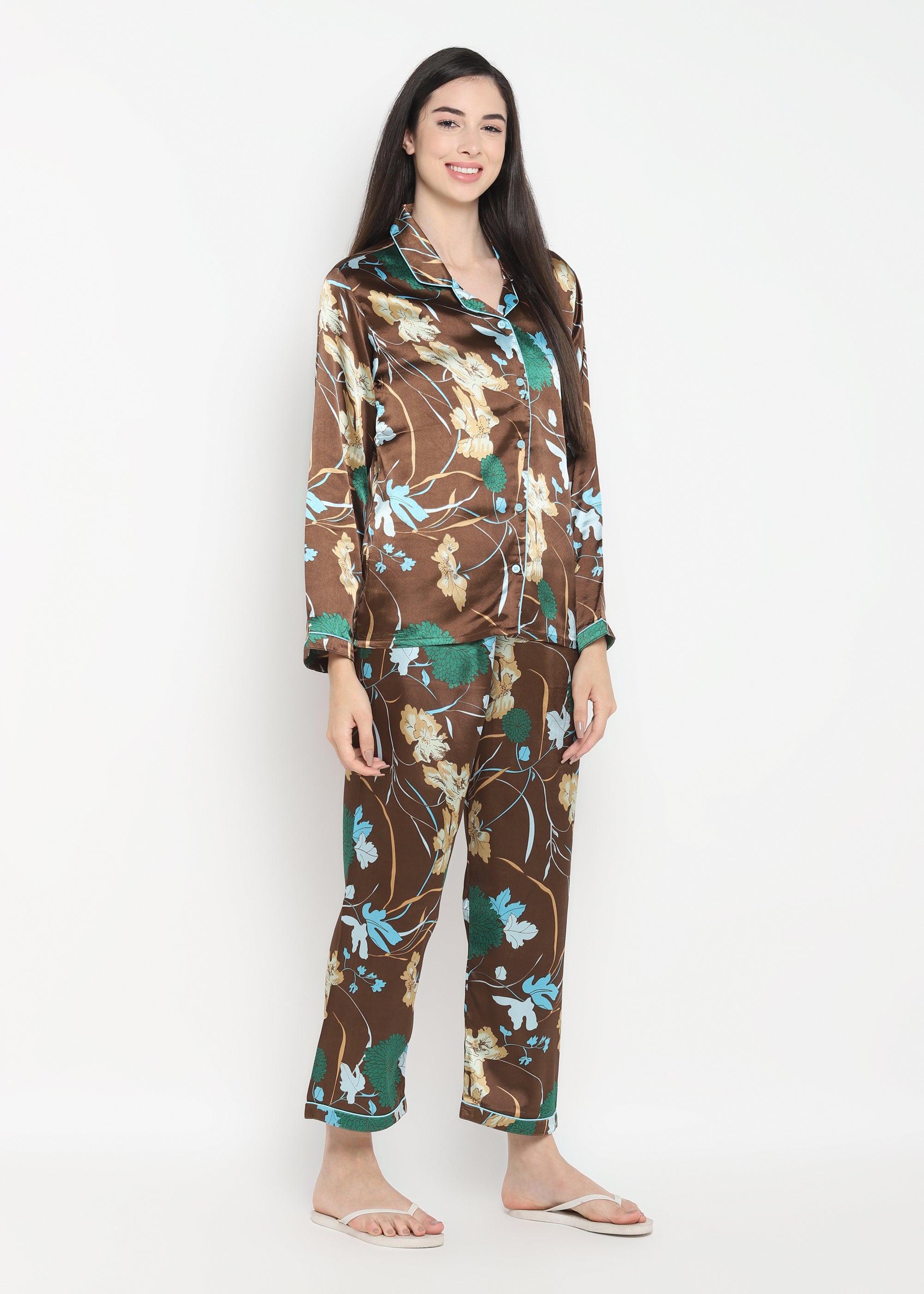 Big Flower Print Satin Long Sleeve Women's Night Suit - Shopbloom