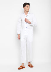 White Cotton with Blue Piping Men's Night Suit