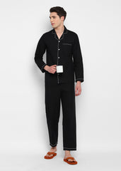 Black Cotton with White Piping Men's Night Suit