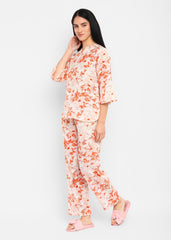 Multi Flower Orange Print V Neck 3/4th Sleeve Women's Night suit - Shopbloom