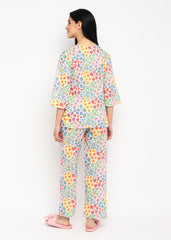 Colourful Flower Print V Neck 3/4th Sleeve Women's Night suit - Shopbloom