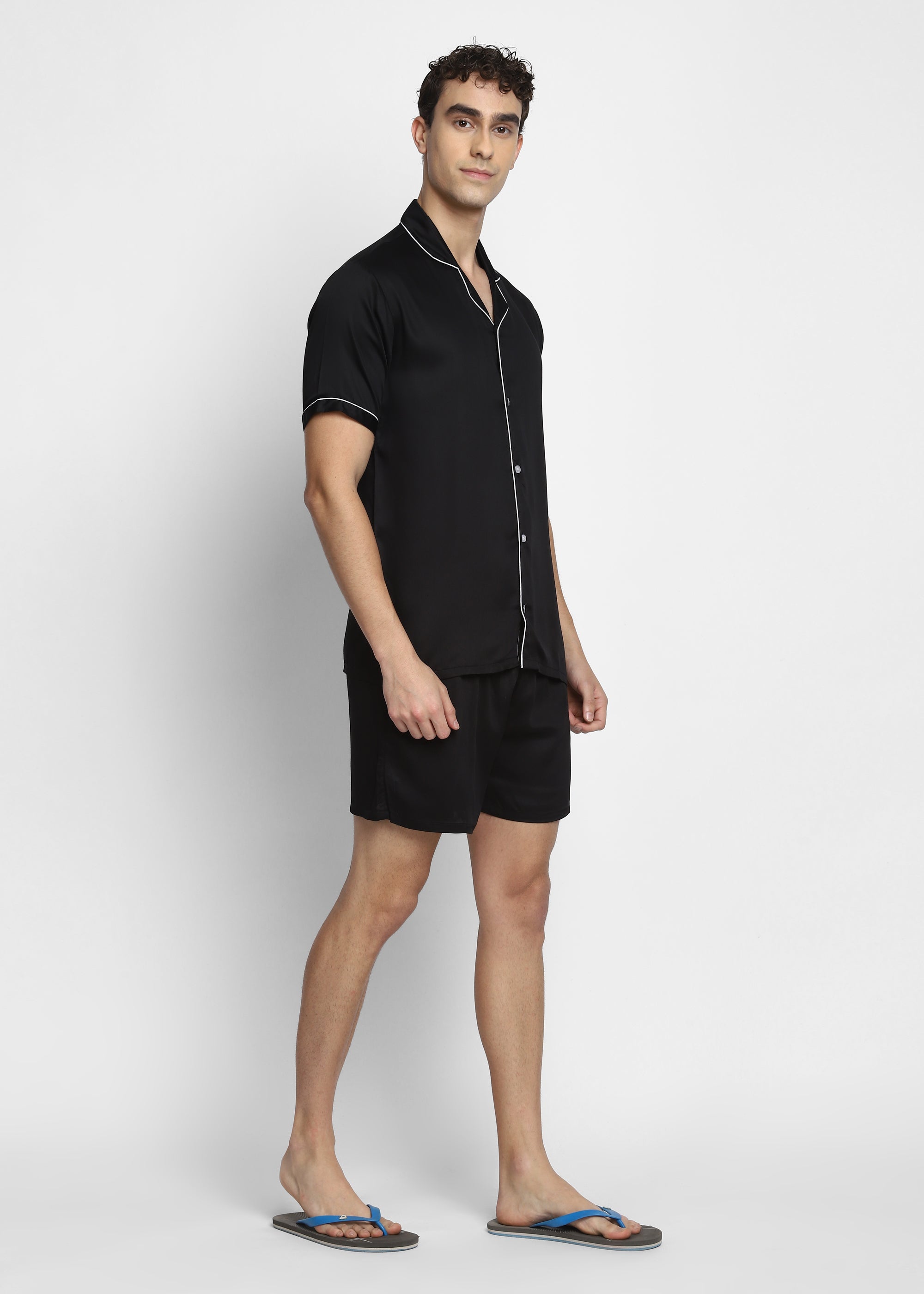 Ultra Soft Black Modal Satin Short Sleeve Men's Shorts Set - Shopbloom