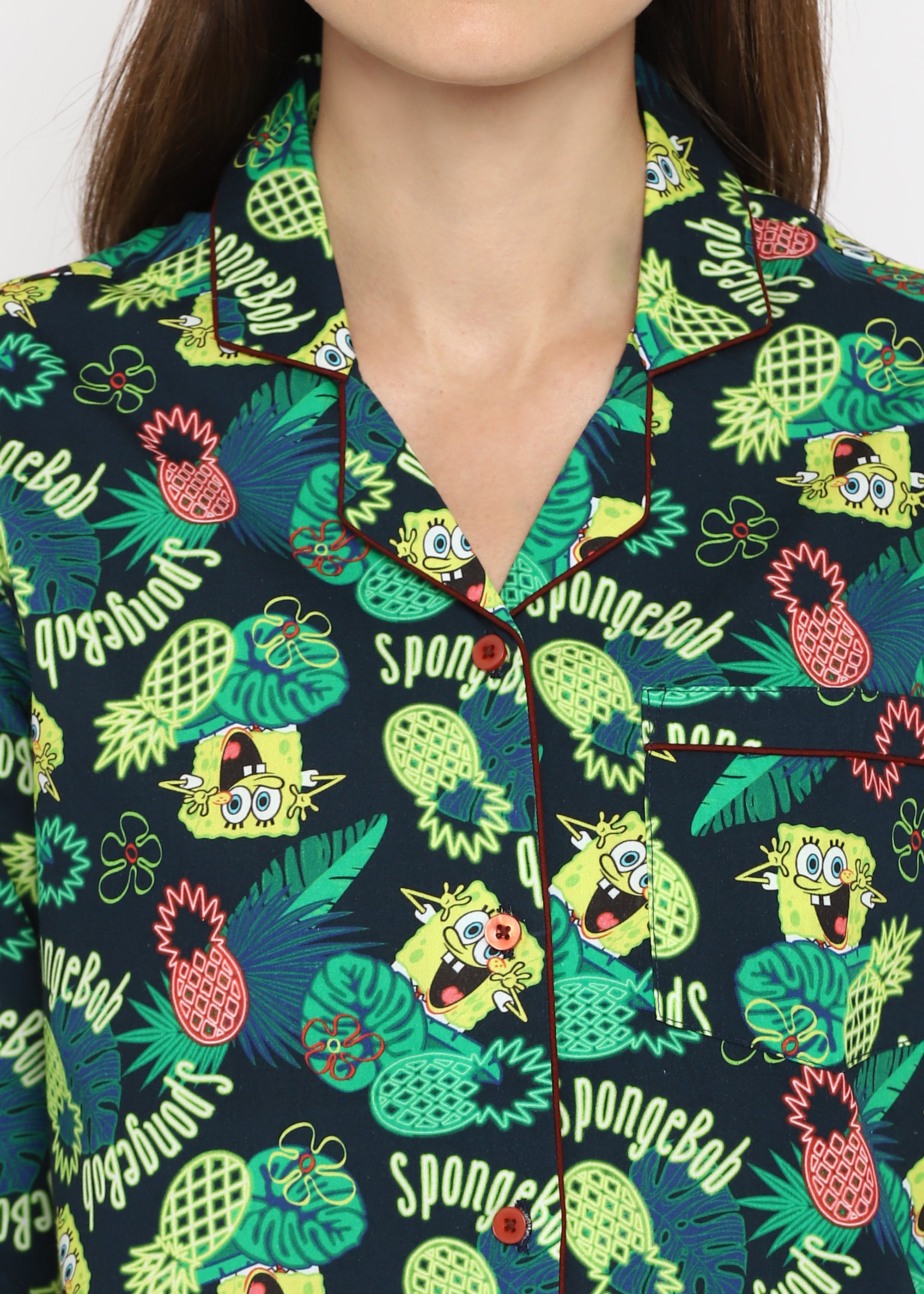 SpongeBob Vibrant Print Long Sleeve Women's Night Suit - Shopbloom