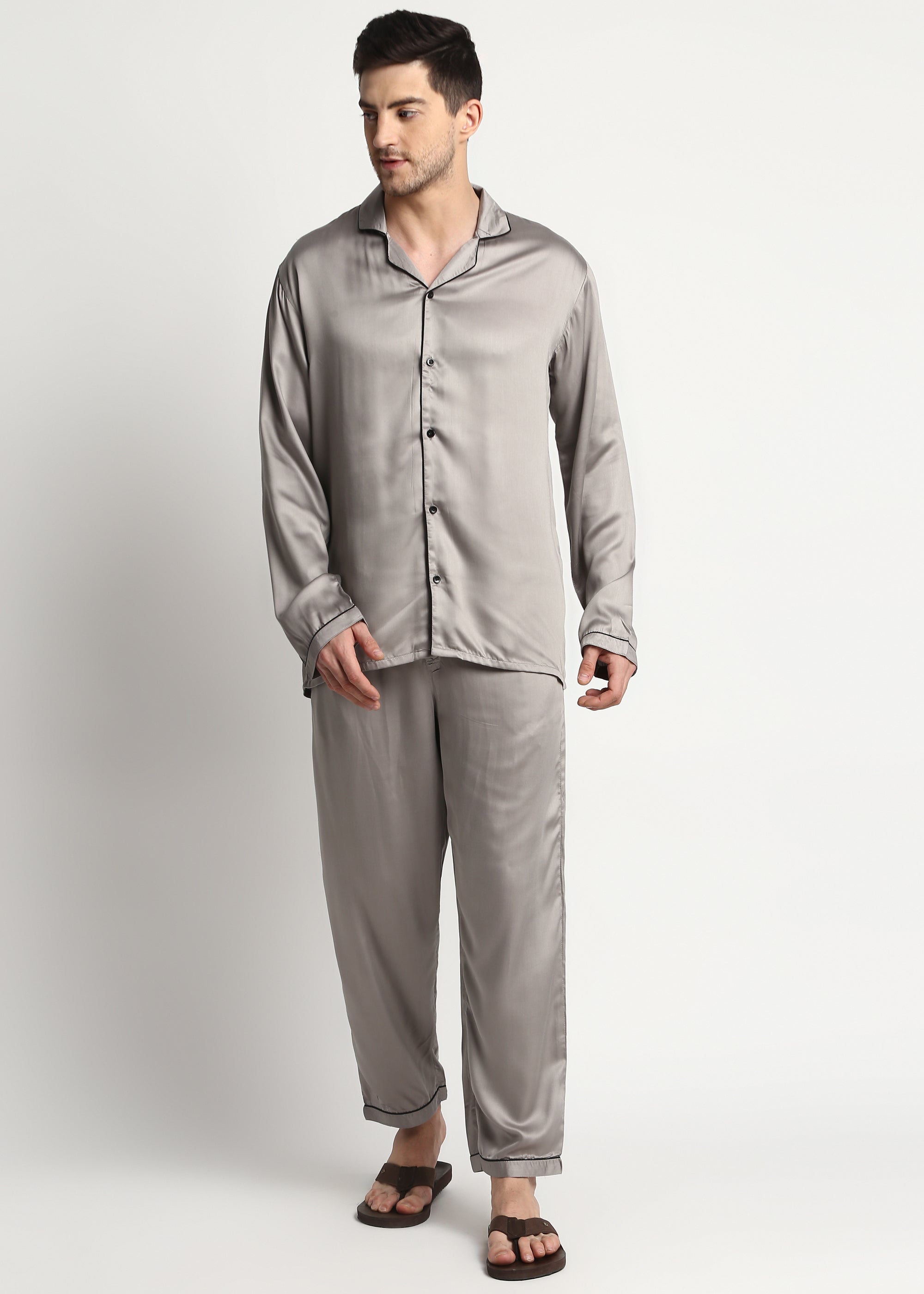 Ultra Soft Light Grey Modal Satin Long Sleeve Men's Night Suit