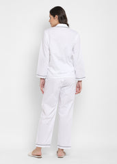 White Cotton Poplin with Black Piping Women's Night Suit - Shopbloom