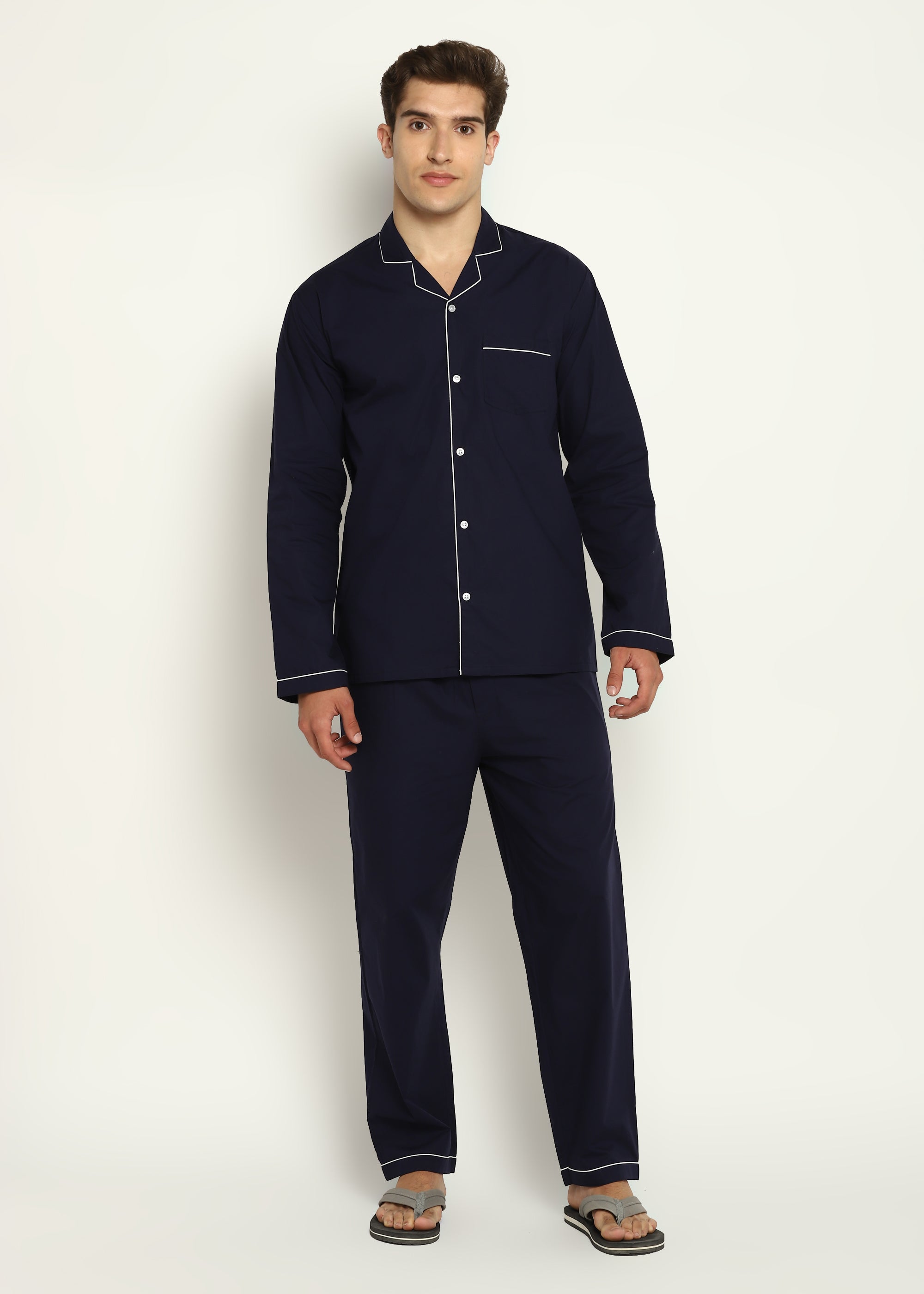 Cotton Night Suit For Men Navy Cotton With White Piping Men's