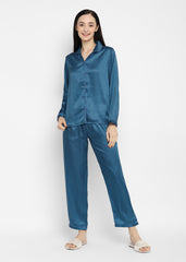 Blue Checkered Satin Long Sleeve Women's Night Suit - Shopbloom