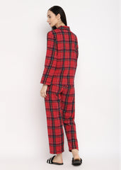 Blue & White Checked Print Cotton Flannel Long Sleeve Women's Night Suit - Shopbloom