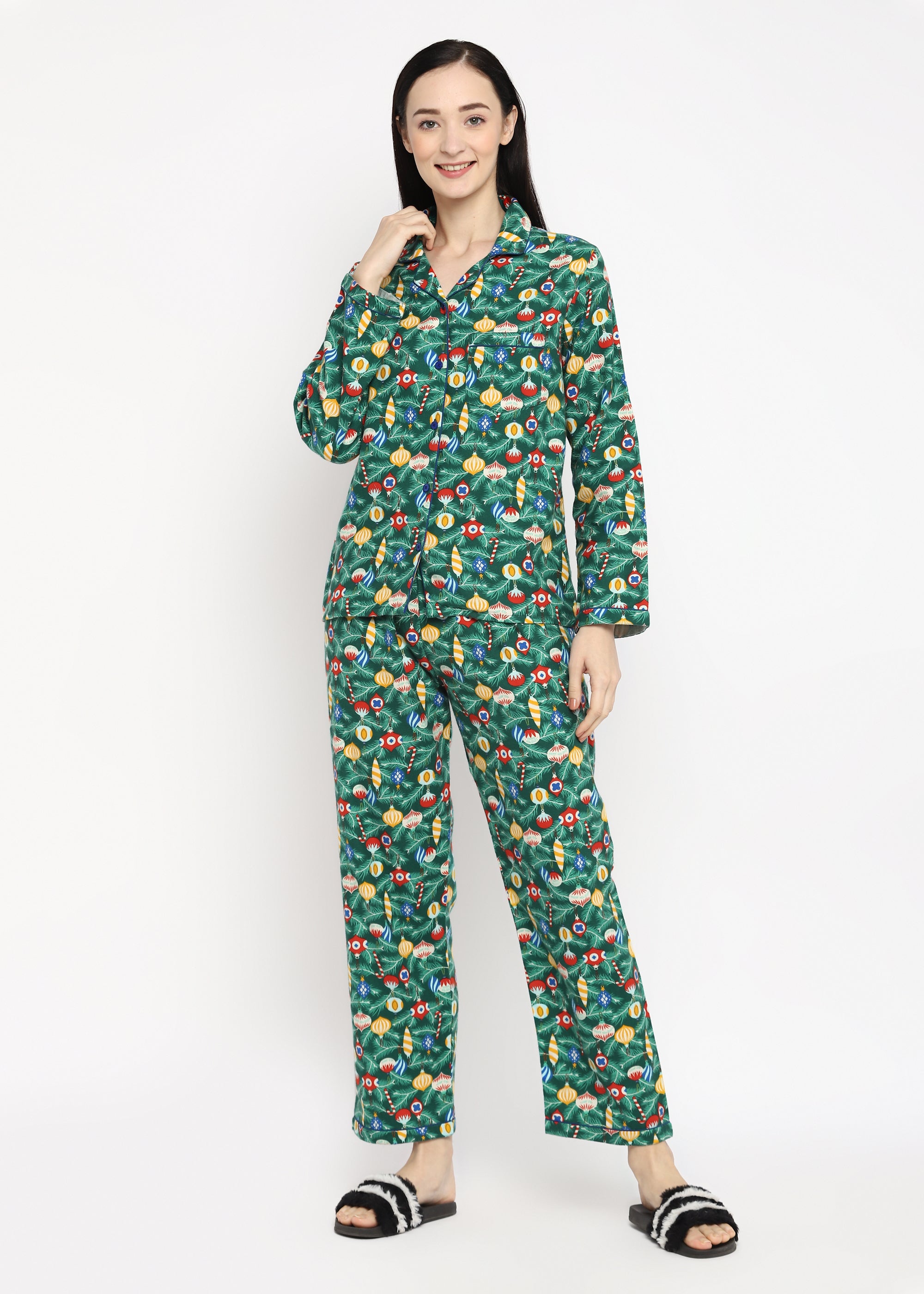 Decorative Christmas Print Cotton Flannel Long Sleeve Women's Night Suit - Shopbloom