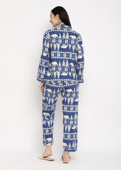 Blue Winterland Print Cotton Flannel Long Sleeve Women's Night Suit - Shopbloom