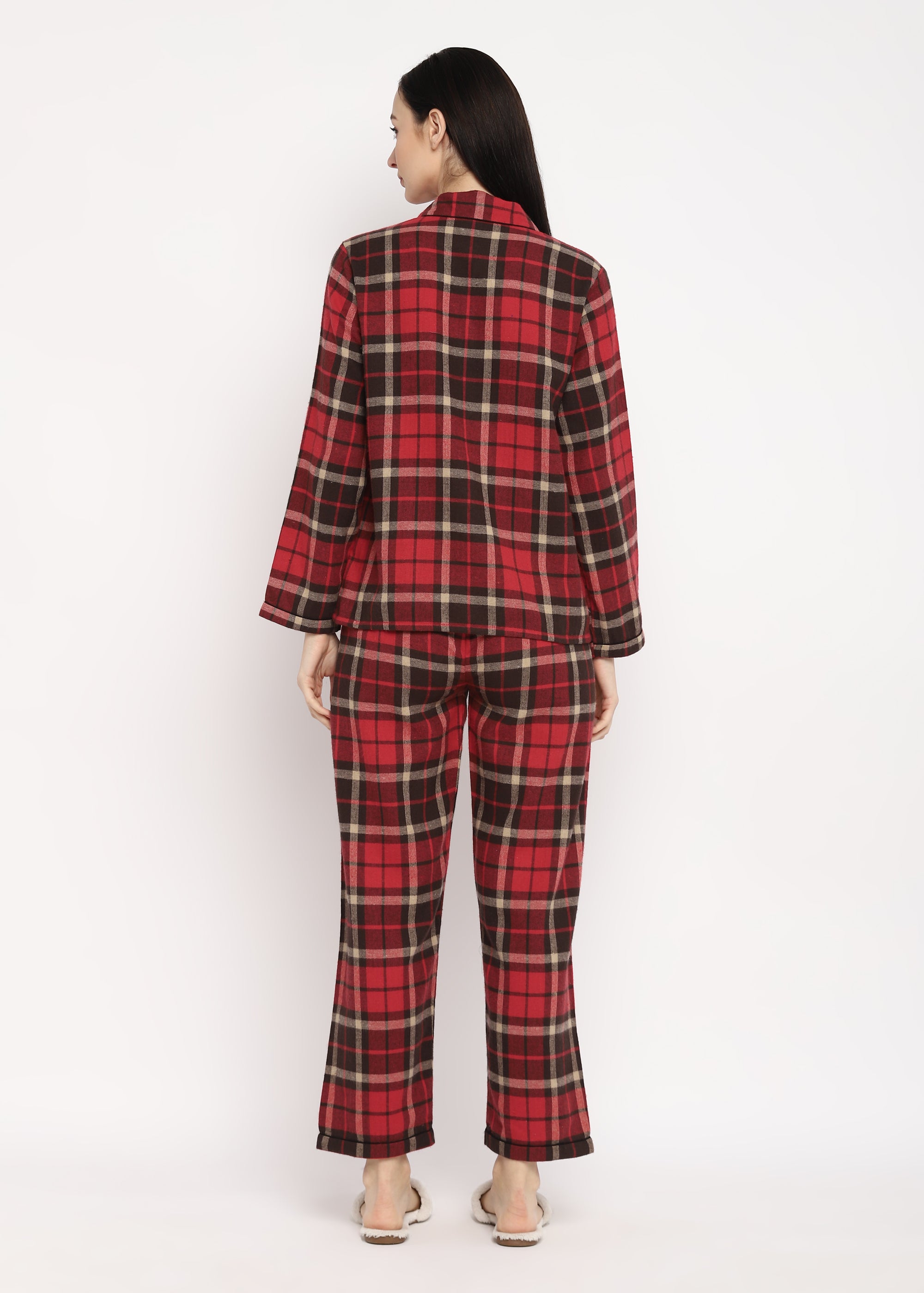 Brown & Grey Checked Print Cotton Flannel Long Sleeve Women's Night Suit - Shopbloom