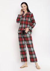 Black & Yellow Checked Print Cotton Flannel Long Sleeve Women's Night Suit - Shopbloom