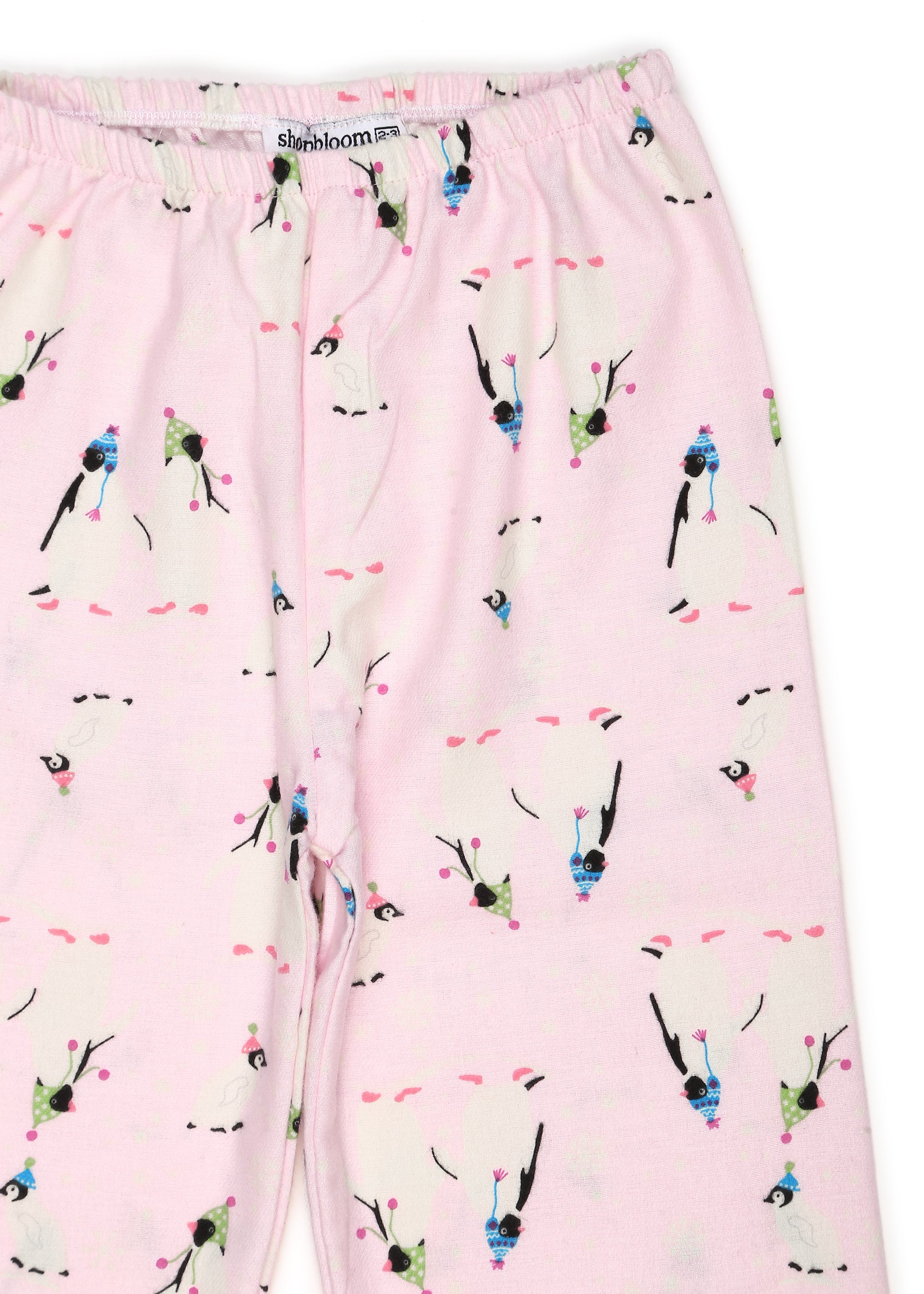 Light Pink Penguin Print Cotton Flannel Long Sleeve Kid's Night Suit - Shopbloom