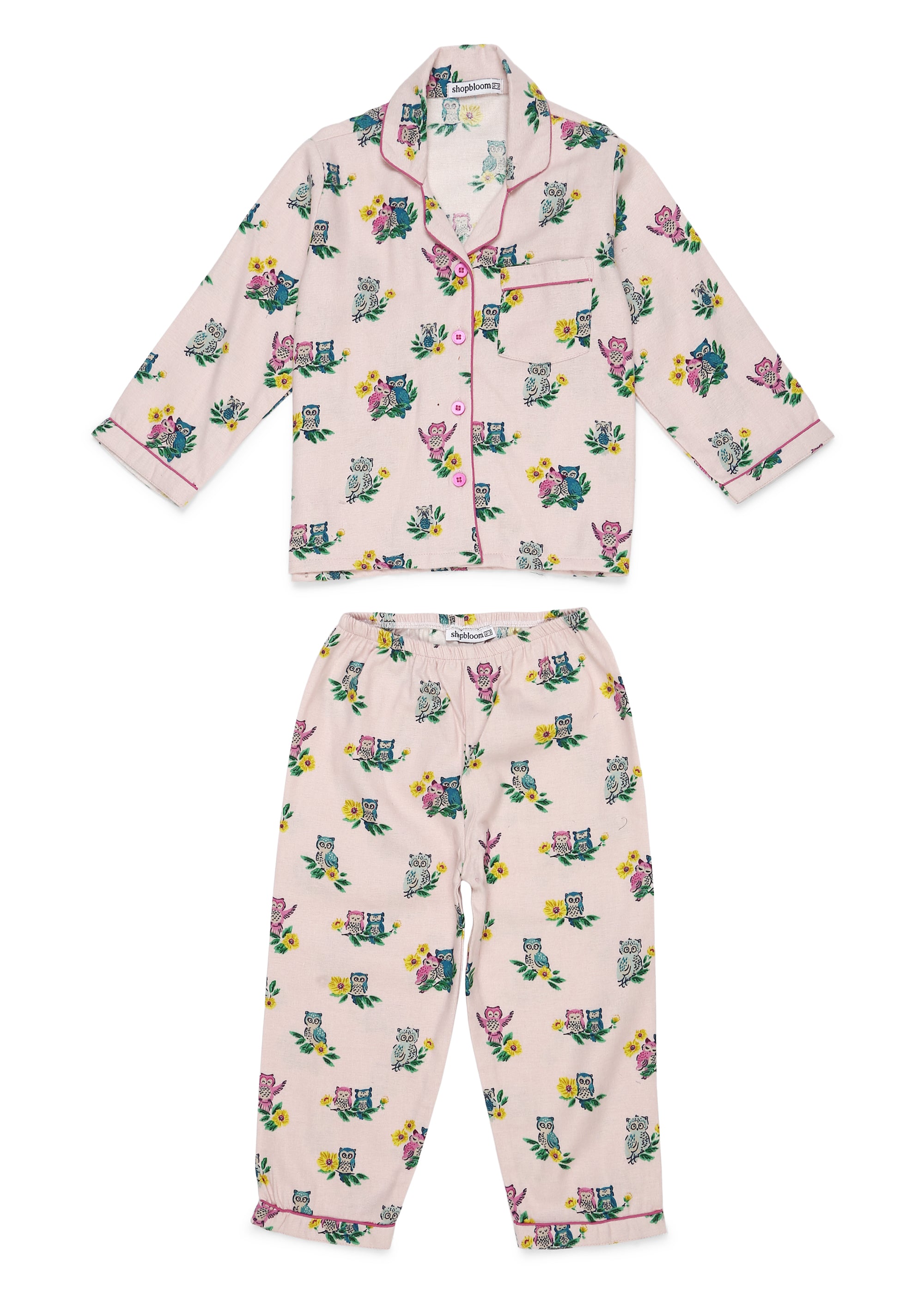 Sleepy Owl Print Cotton Flannel Long Sleeve Kid's Night Suit - Shopbloom