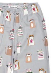 Kitty Print Cotton Flannel Long Sleeve Kid's Night Suit - Shopbloom