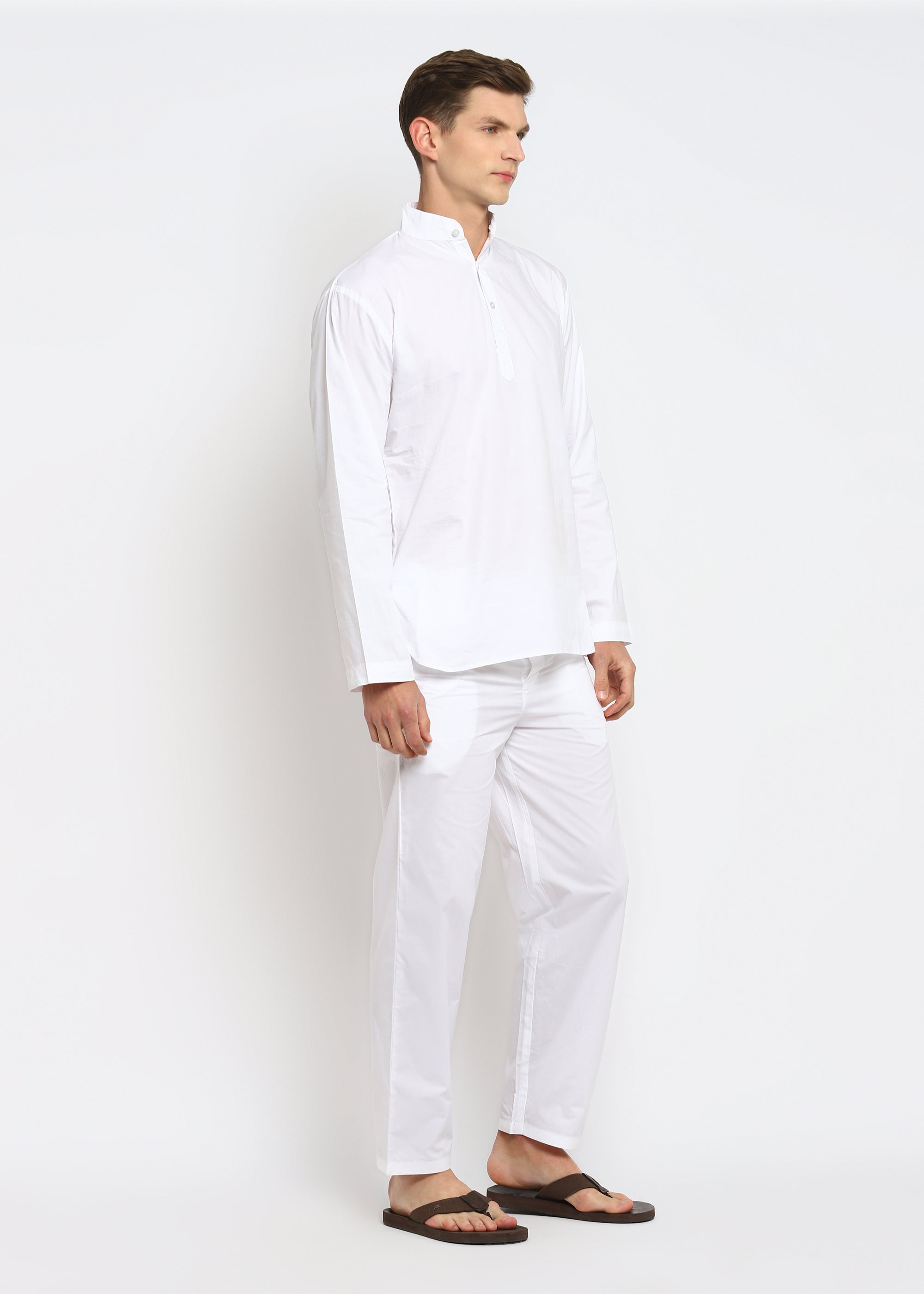 White Chinese Collar Long Sleeve Men's Night Suit - Shopbloom