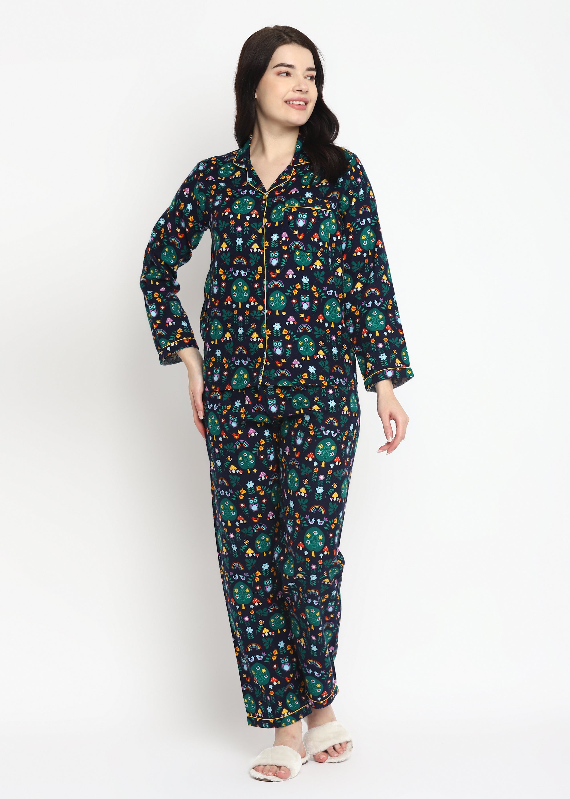 Rainbow Print Cotton Flannel Long Sleeve Women's Night Suit - Shopbloom