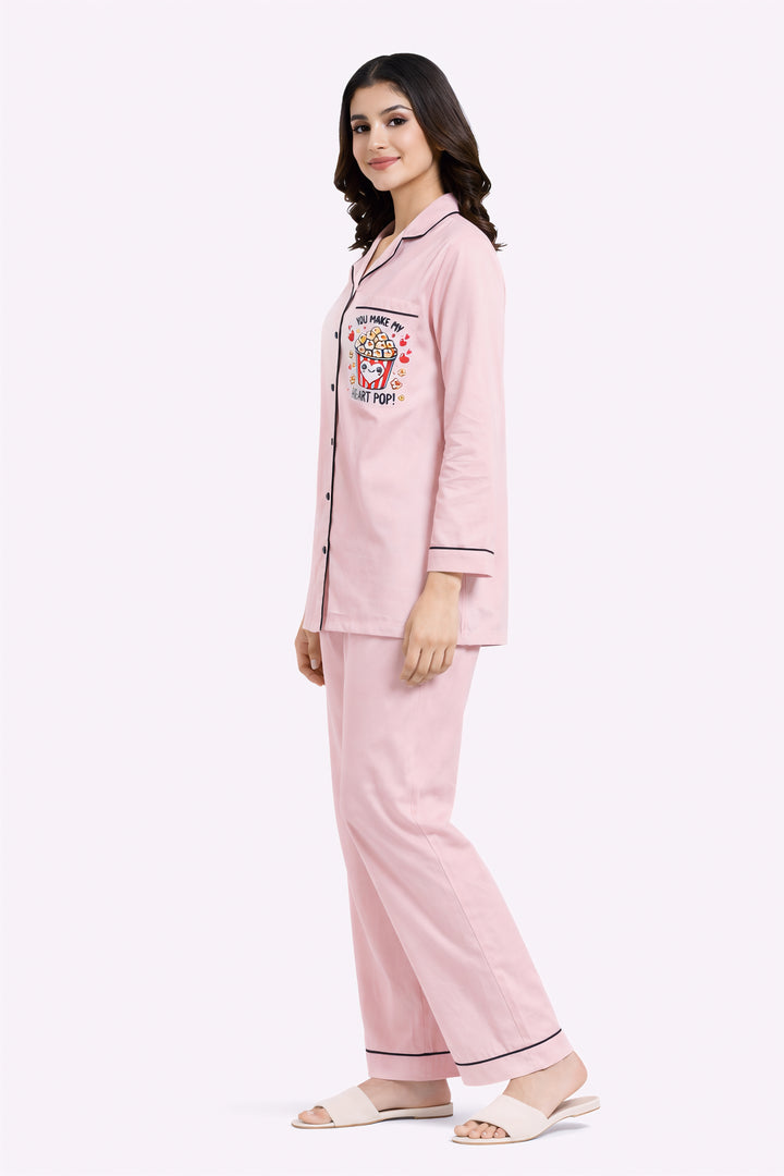 Heart Pop Pink Print Long Sleeve Women's Night Suit