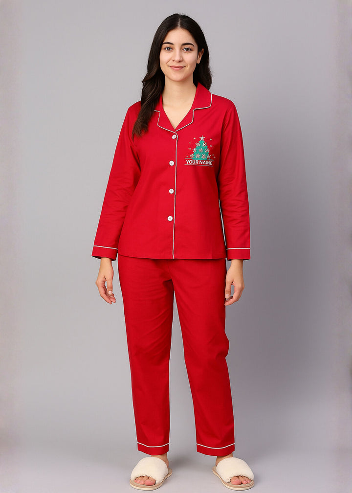 Women's Customized Name Christmas Tree Print Long Sleeve Night Suit