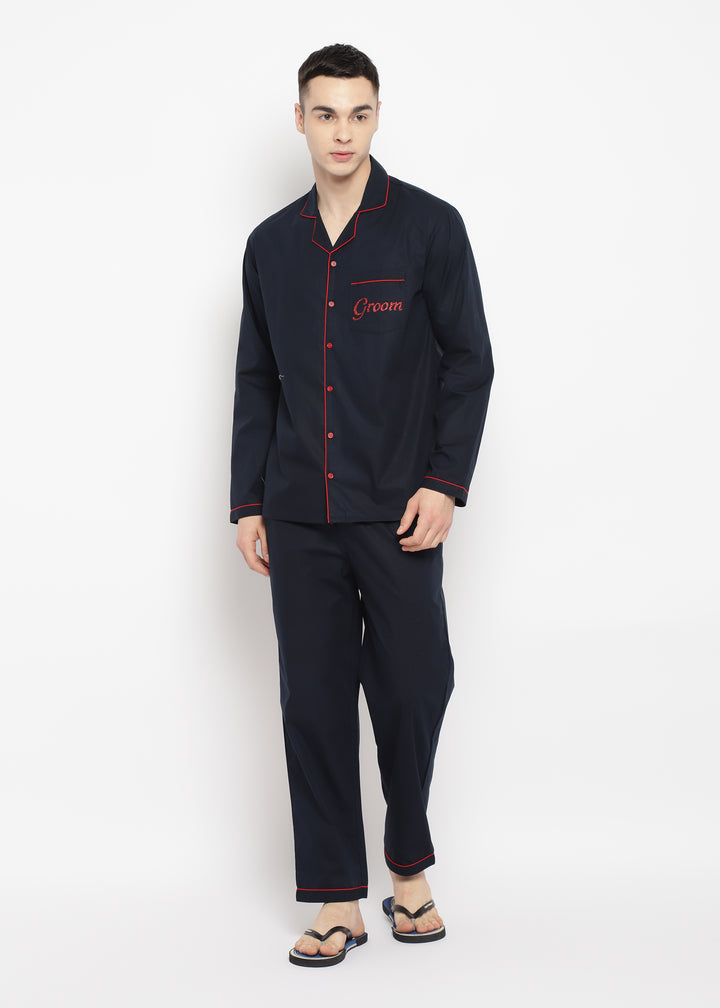 Groom Glitter Print Long Sleeve Men's Night Suit