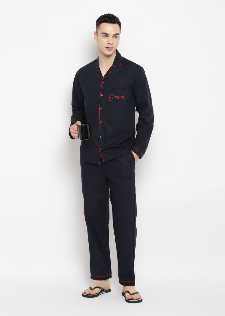 Groom Glitter Print Long Sleeve Men's Night Suit