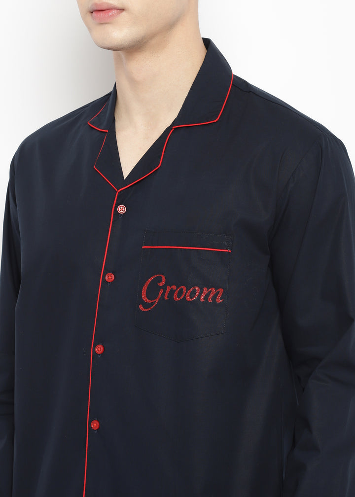 Groom Glitter Print Long Sleeve Men's Night Suit