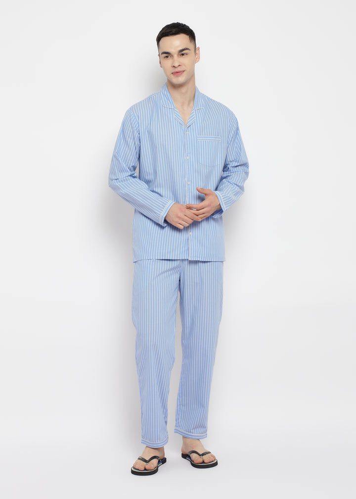 White Thin Stripe Long Sleeve Men's Night Suit