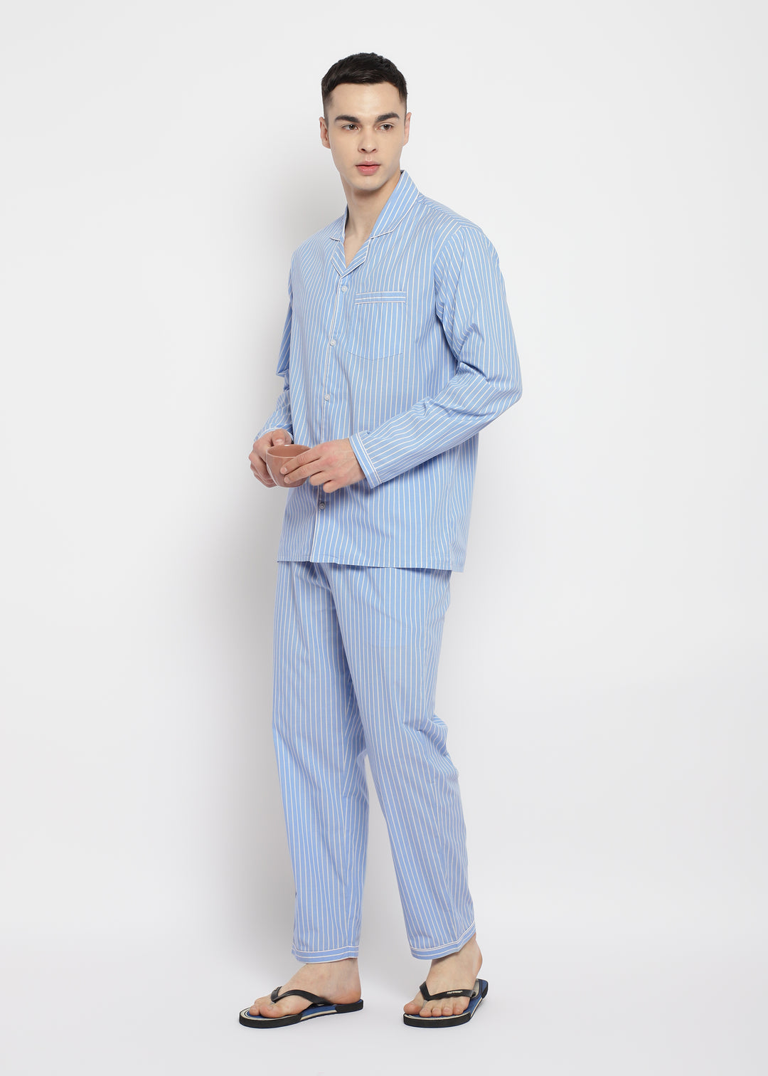 White Thin Stripe Long Sleeve Men's Night Suit