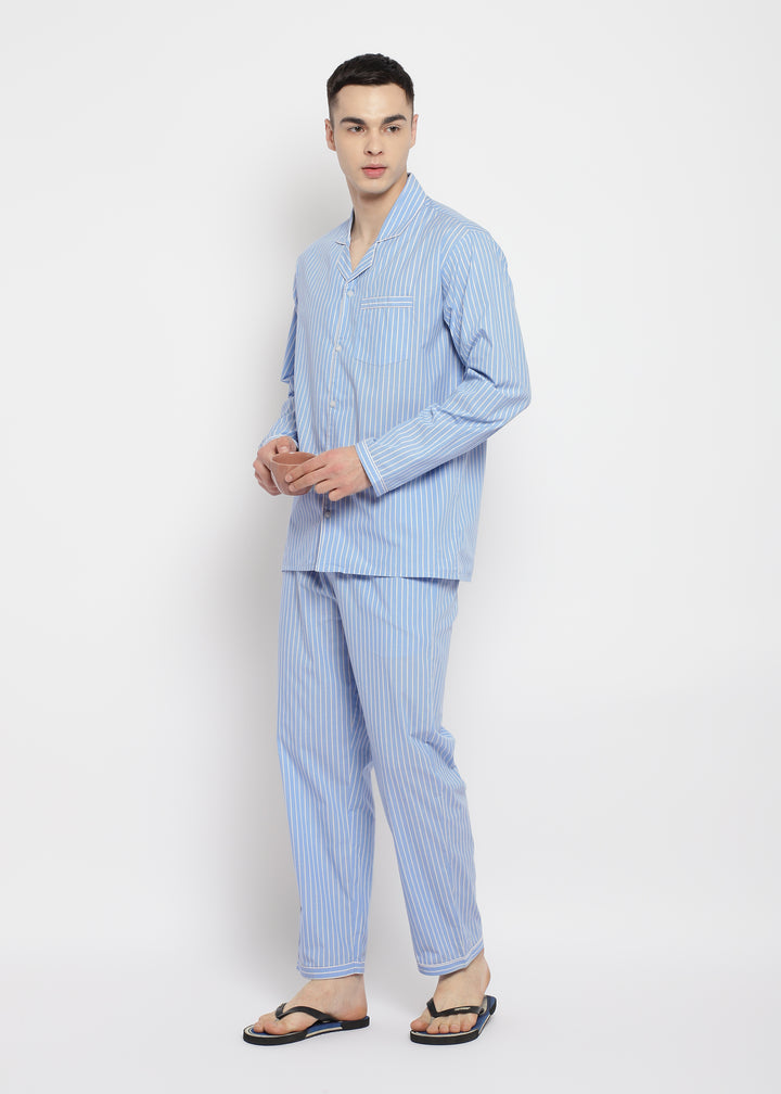 White Thin Stripe Long Sleeve Men's Night Suit