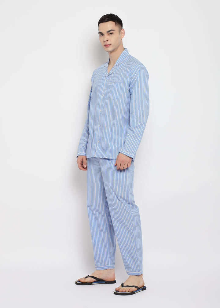 White Thin Stripe Long Sleeve Men's Night Suit