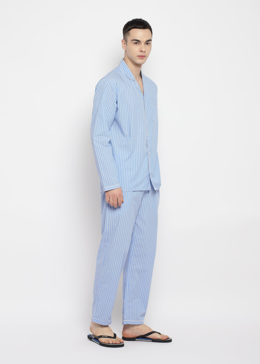 White Thin Stripe Long Sleeve Men's Night Suit