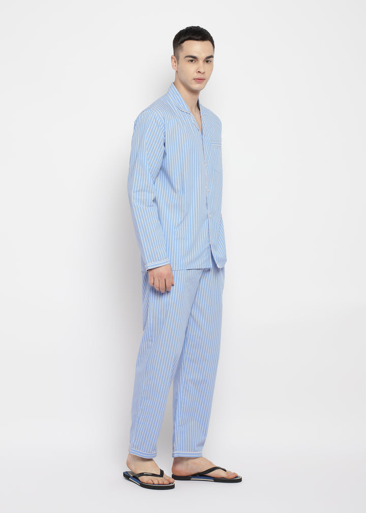 White Thin Stripe Long Sleeve Men's Night Suit