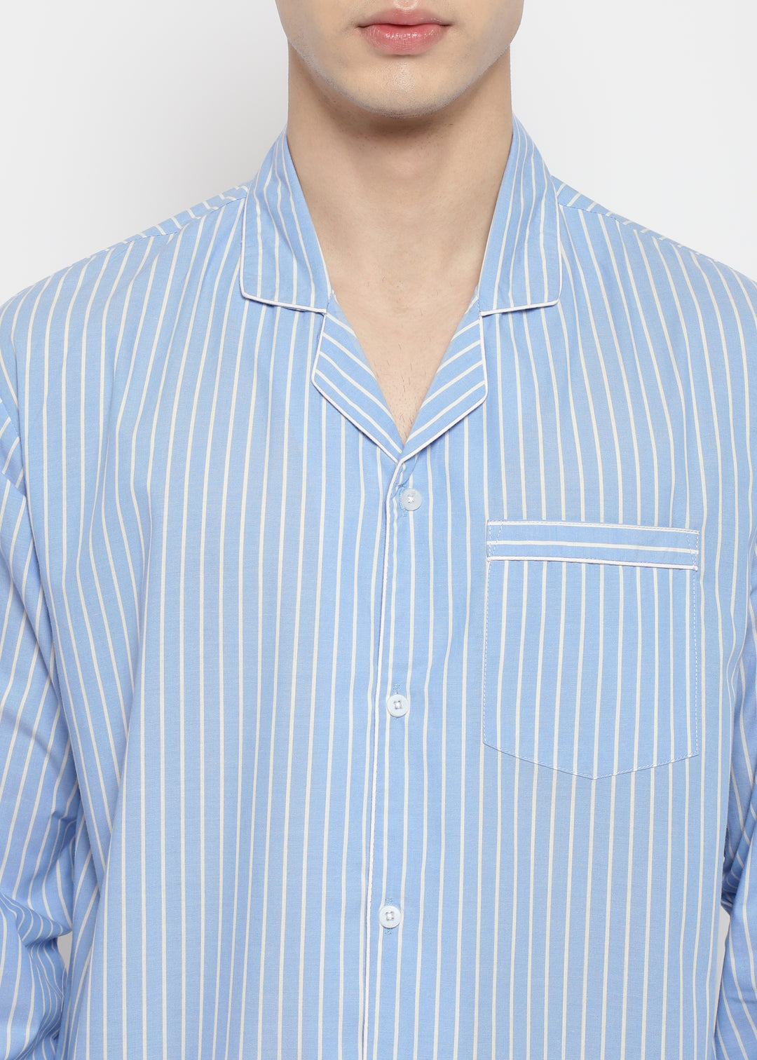 White Thin Stripe Long Sleeve Men's Night Suit