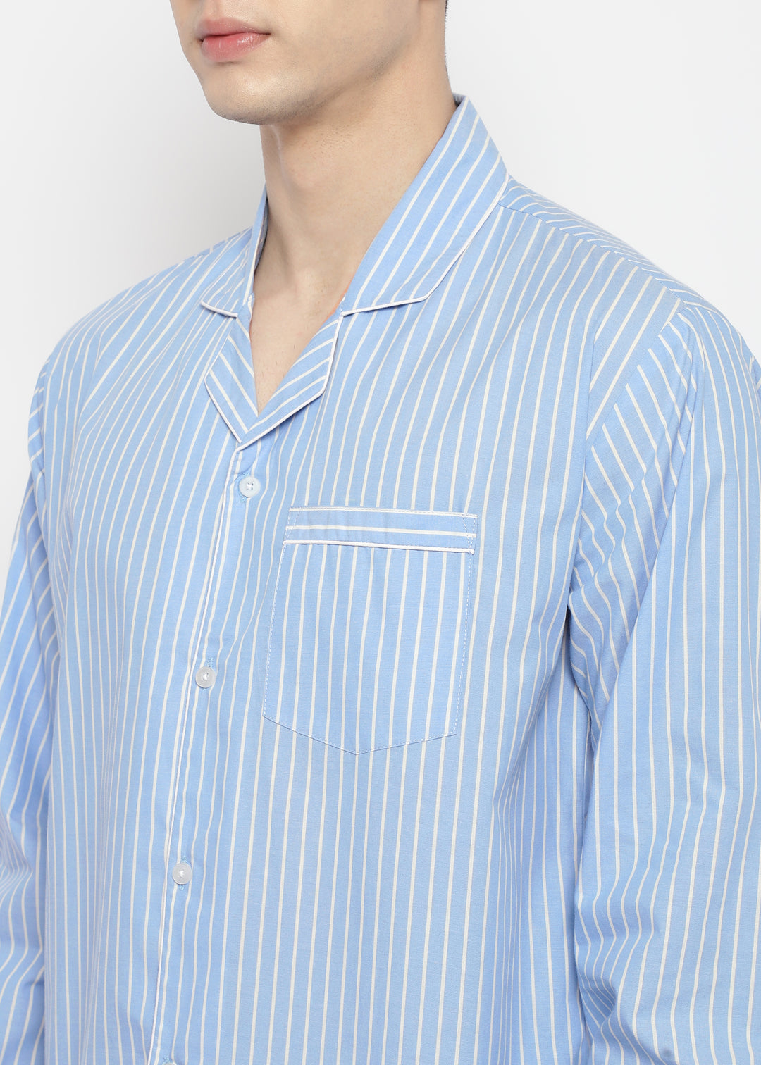 White Thin Stripe Long Sleeve Men's Night Suit