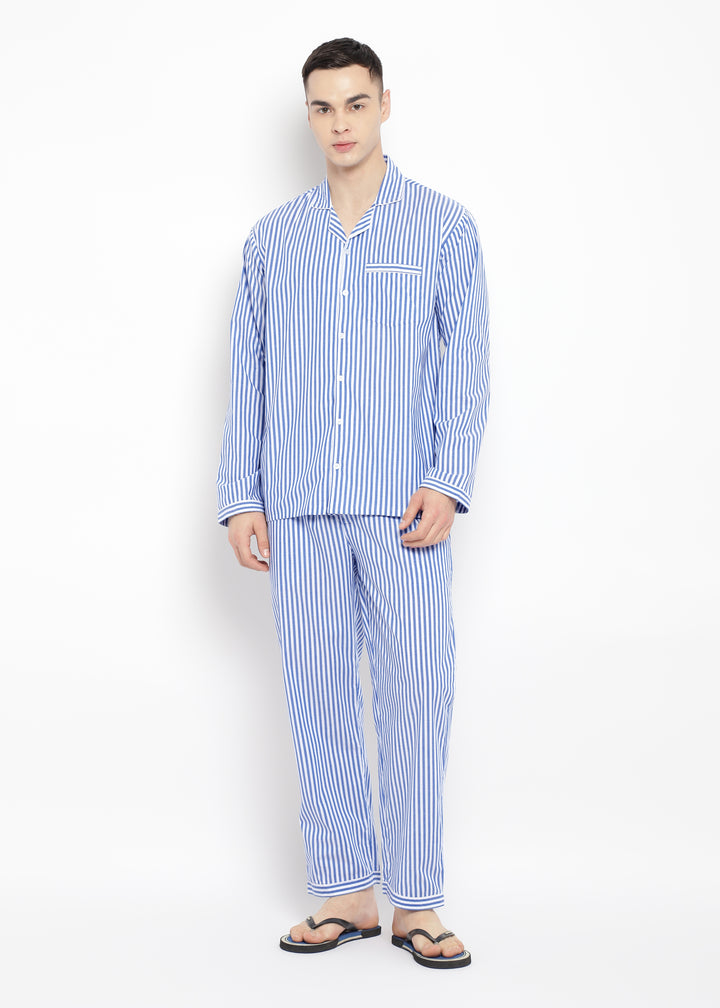 Classic Blue Stripe Long Sleeve Men's Night Suit