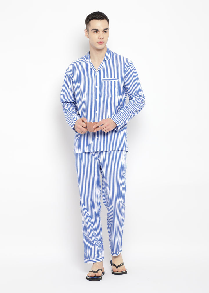 Classic Blue Stripe Long Sleeve Men's Night Suit