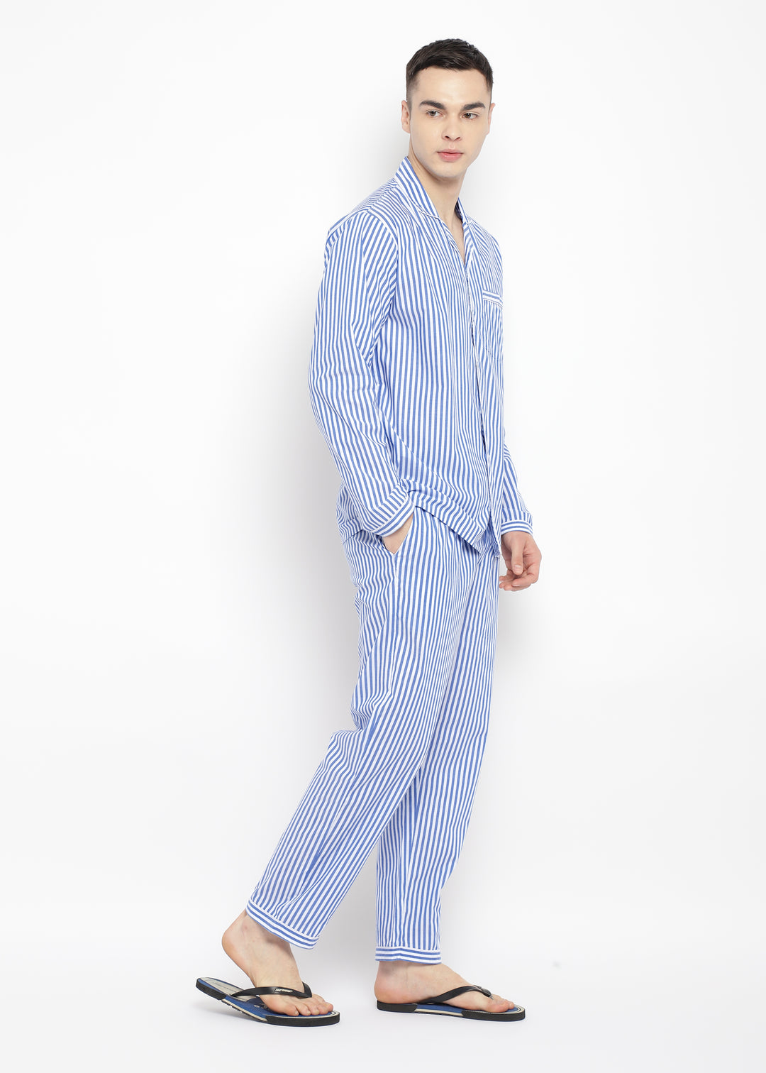 Classic Blue Stripe Long Sleeve Men's Night Suit