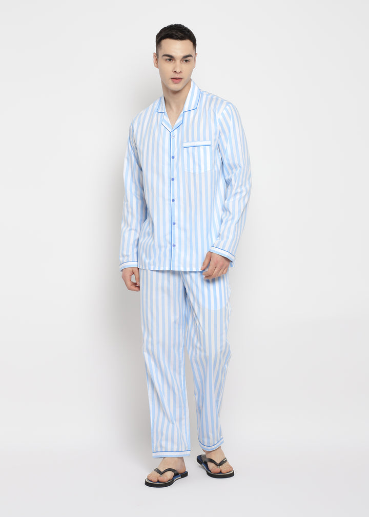 Blue & White Stripes Print Long Sleeve Men's Night Suit