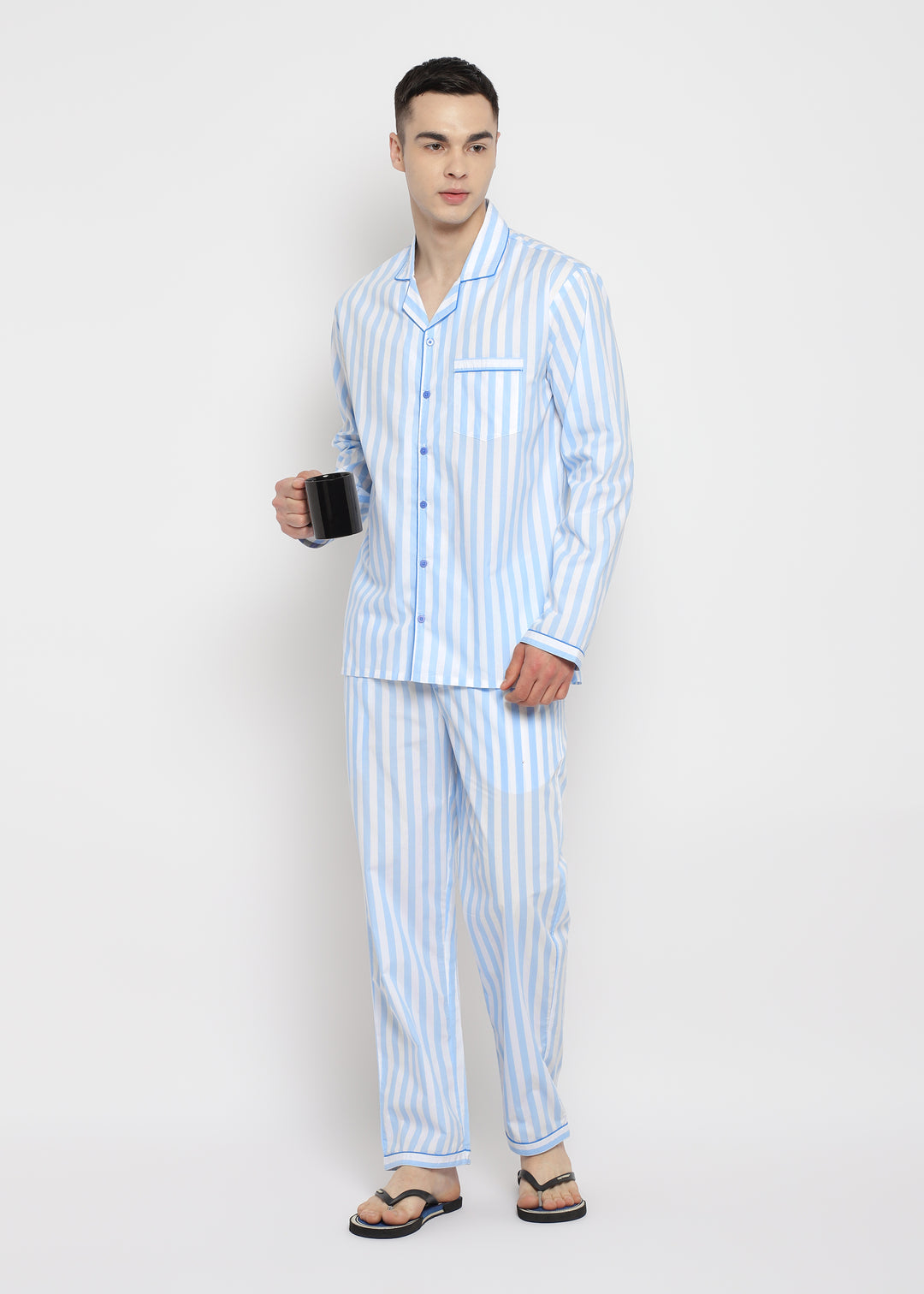 Blue & White Stripes Print Long Sleeve Men's Night Suit