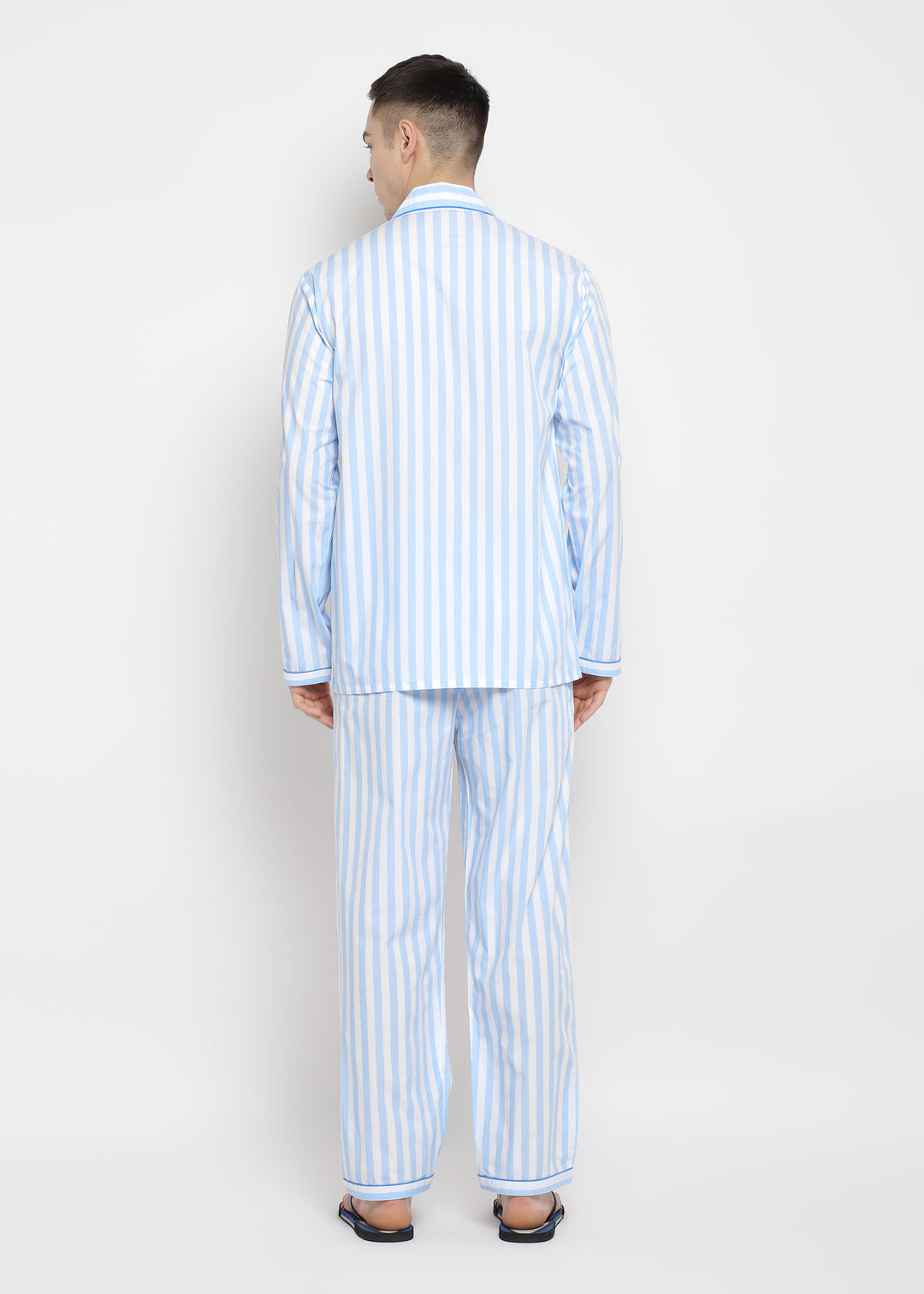 Blue & White Stripes Print Long Sleeve Men's Night Suit