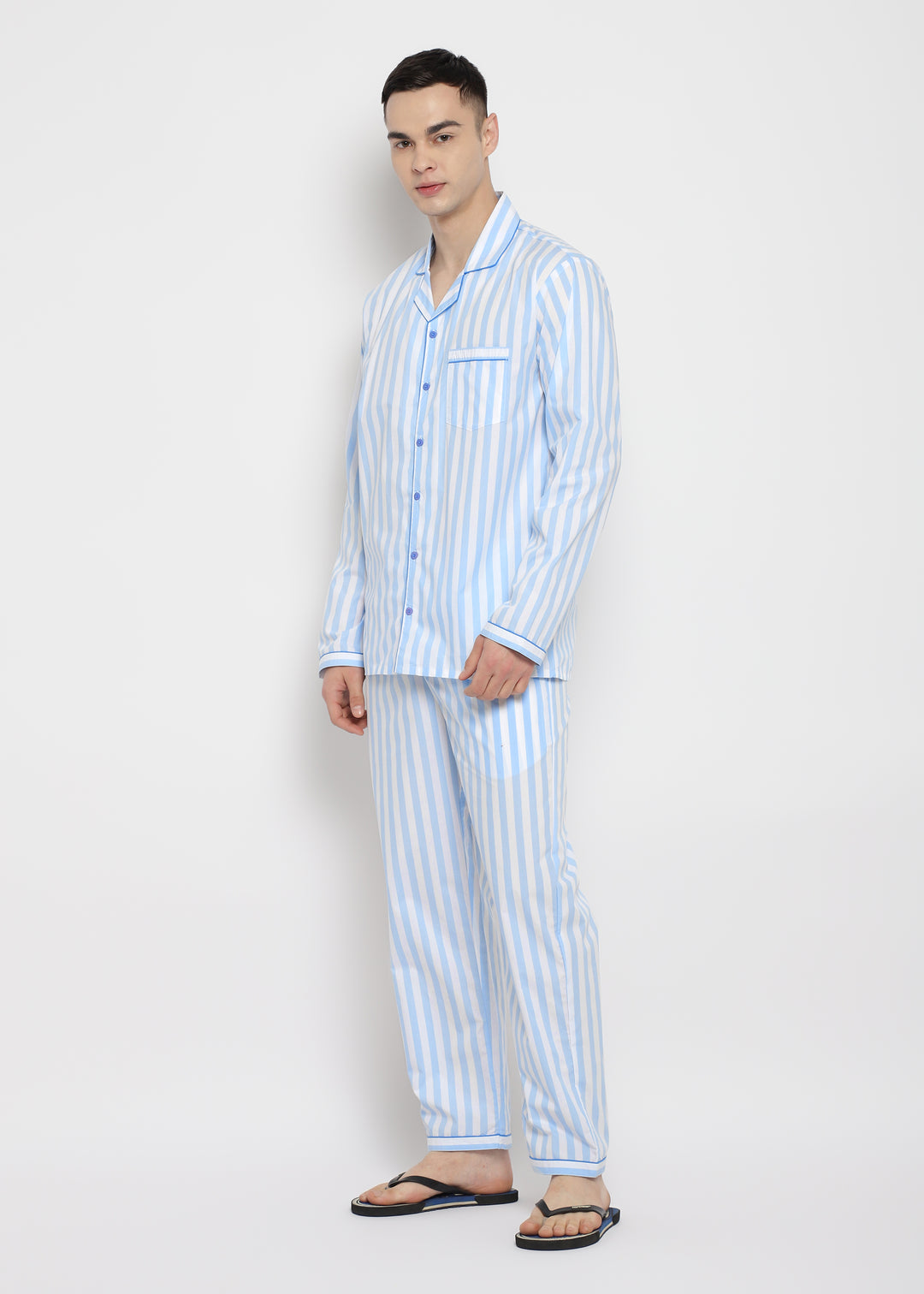 Blue & White Stripes Print Long Sleeve Men's Night Suit