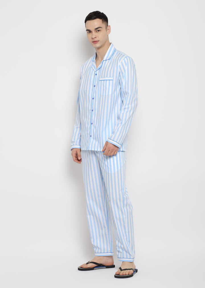 Blue & White Stripes Print Long Sleeve Men's Night Suit
