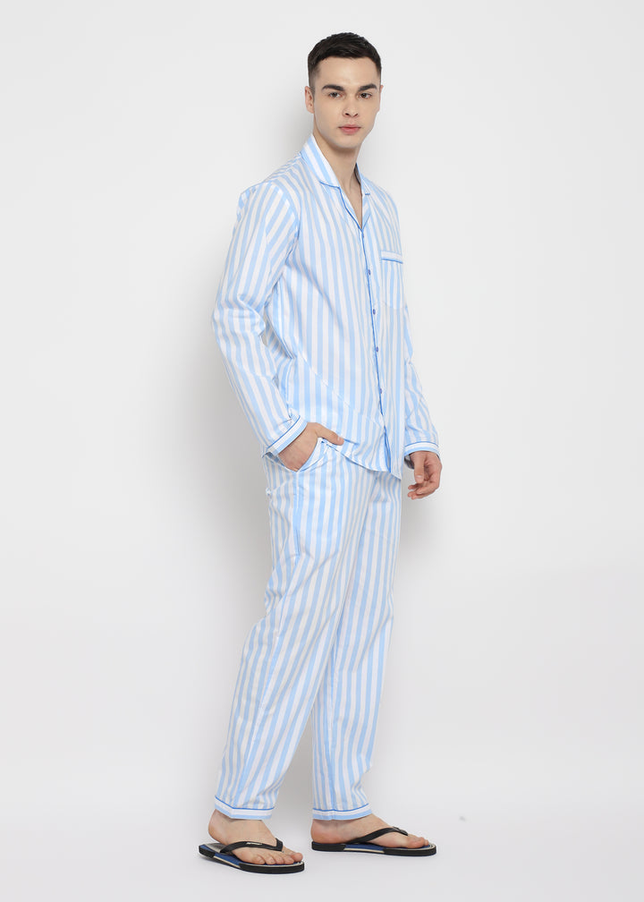 Blue & White Stripes Print Long Sleeve Men's Night Suit