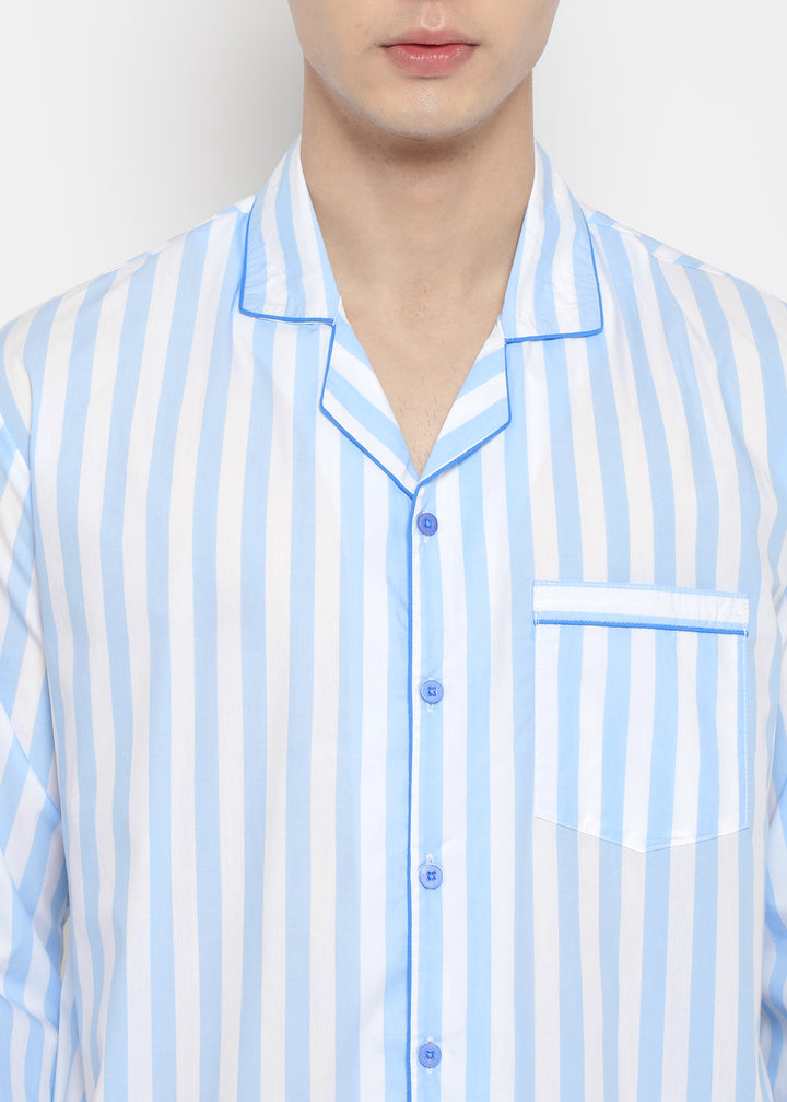 Blue & White Stripes Print Long Sleeve Men's Night Suit