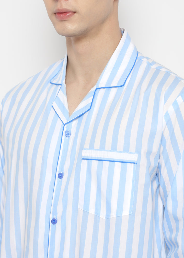 Blue & White Stripes Print Long Sleeve Men's Night Suit