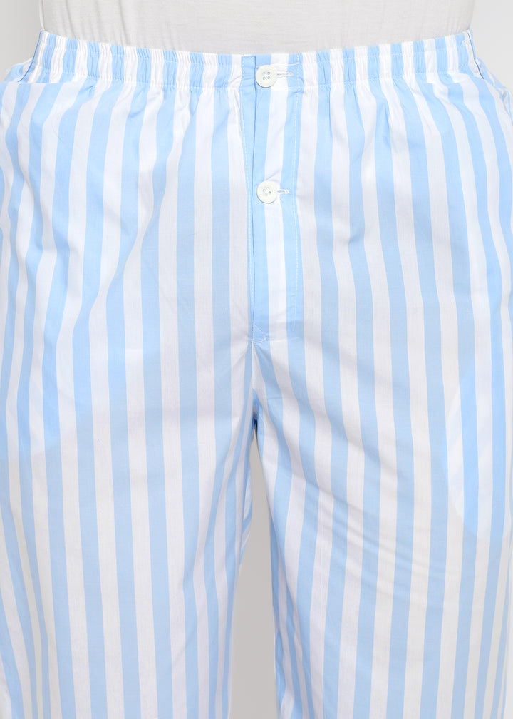 Blue & White Stripes Print Long Sleeve Men's Night Suit