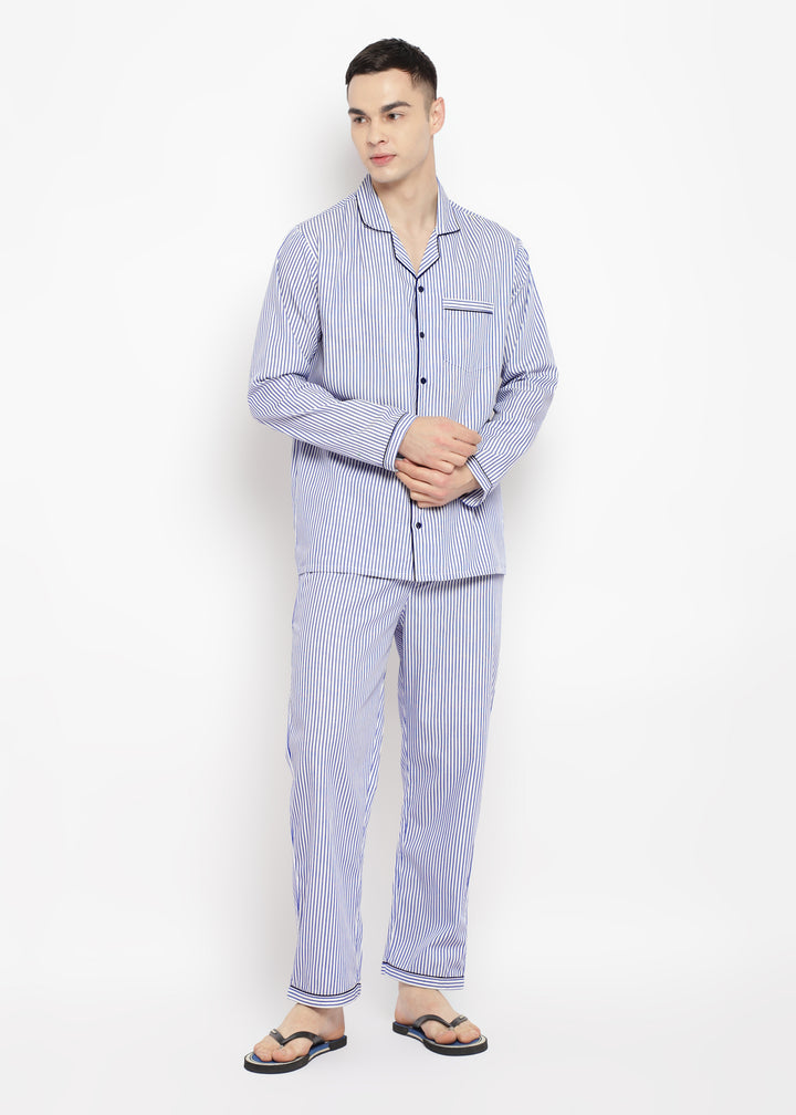 Dark Blue Stripe Print Long Sleeve Men's Night Suit