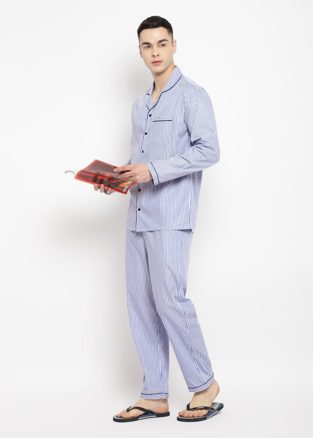 Dark Blue Stripe Print Long Sleeve Men's Night Suit